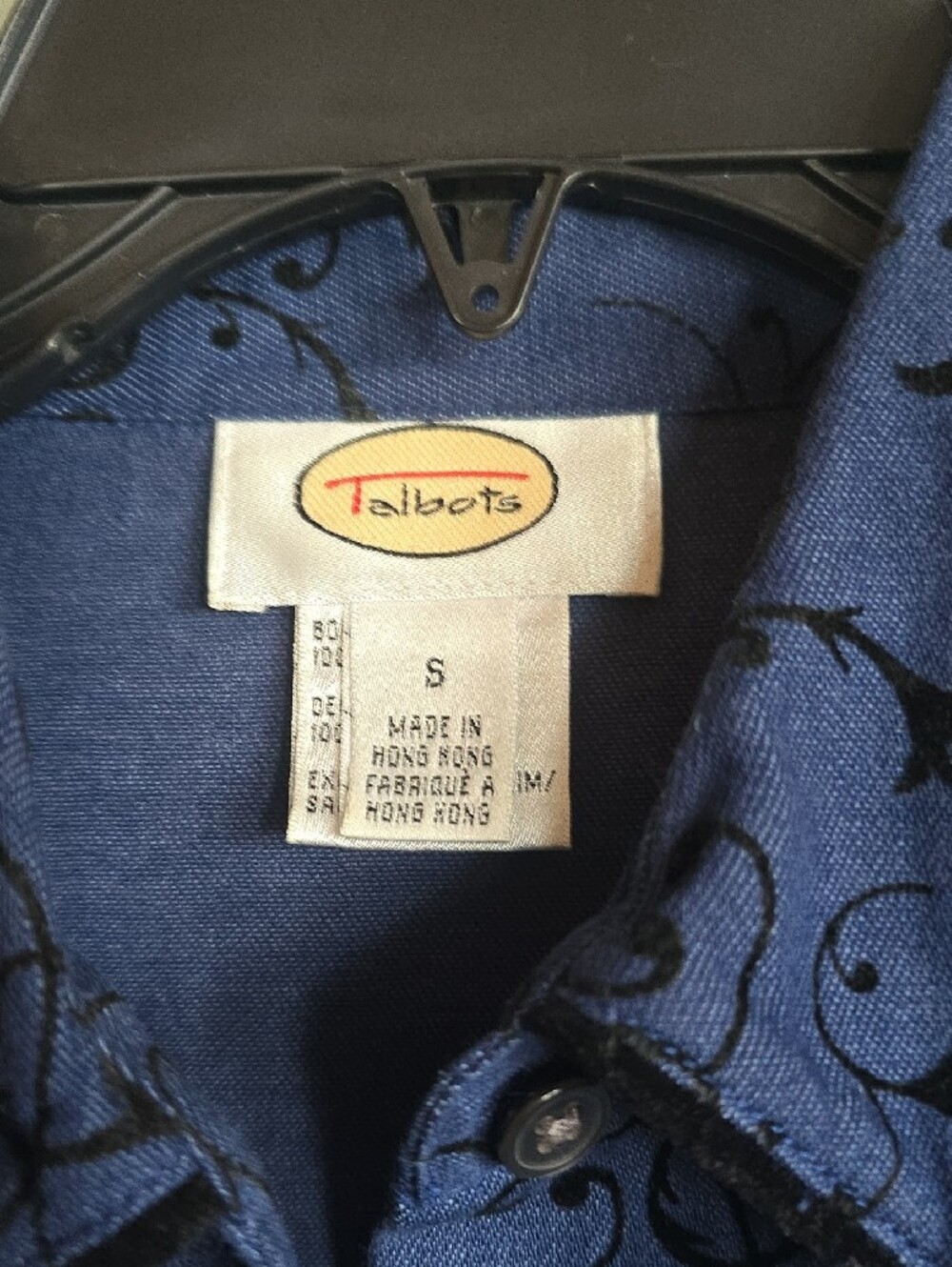 Talbots Womens Blue Button-Down Shirt with Black Scroll Pattern - Picture 5 of 6